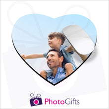Load image into Gallery viewer, Heart shaped mousemat that is personalised with your own choice of image as produced by Photogifts.co.uk
