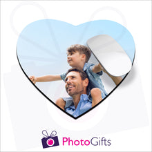 Load image into Gallery viewer, Heart shaped mousemat that is personalised with your own choice of image as produced by Photogifts.co.uk