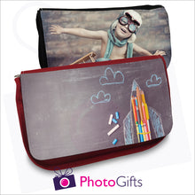 Load image into Gallery viewer, Black and red soft pencil-case that can be personalised with your own image on the front flap as produced by Photogifts.co.uk