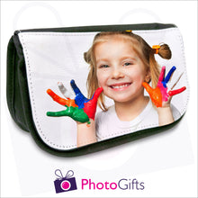 Load image into Gallery viewer, Soft pencil case in black with your own choice of image on the front flap as produced by Photogifts.co.uk