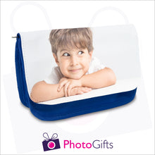 Load image into Gallery viewer, Personalised blue soft pencil case with your own choice of image on the front flap as produced by Photogifts.co.uk