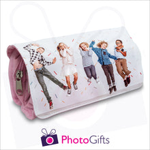 Load image into Gallery viewer, Soft pencil case in pink with your own choice of image on the front flap as produced by Photogifts.co.uk