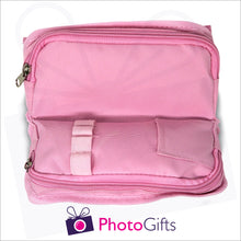 Load image into Gallery viewer, Inside detail of soft pink pencil case showing the two zipped pockets together with a smaller open pocket and some elastic banding as produced by Photogifts.co.uk

