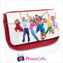 Load image into Gallery viewer, Soft red pencil case with your own choice of image on the front as produced by Photogifts.co.uk
