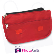 Load image into Gallery viewer, Inside detail of red soft personalised pencil case showing the two zipped pockets as produced by Photogifts.co.uk