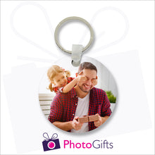 Load image into Gallery viewer, Round shaped tough and durable double sided plastic keyring with your own choice of images printed on both sides as produced by Photogifts.co.uk
