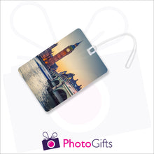 Load image into Gallery viewer, Personalised rectangular luggage tag with your own choice of image as produced by Photogifts.co.uk
