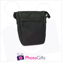 Load image into Gallery viewer, Back view of personalised mini reporter bag in black with your own choice of image on the front flap as produced by Photogifts.co.uk