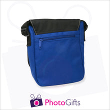 Load image into Gallery viewer, Back view of personalised mini reporter bag in blue with your own choice of image on the front flap as produced by Photogifts.co.uk