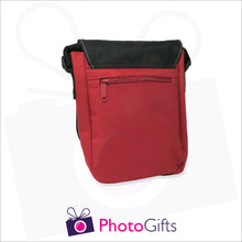 Load image into Gallery viewer, Back view of personalised mini reporter bag in red with your own choice of image on the front flap as produced by Photogifts.co.uk