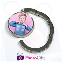 Load image into Gallery viewer, Round bag hanger with your own choice of image in the centre is partially open as produced by Photogifts.co.uk
