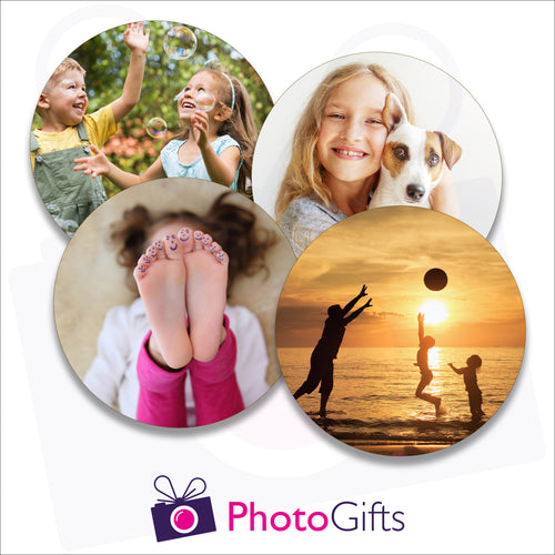 Four individually personalised hard board drinks coasters with your own choice of image as produced by Photogifts.co.uk