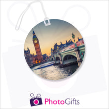 Load image into Gallery viewer, Personalised round luggage tag with your own choice of image as produced by Photogifts.co.uk

