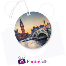 Load image into Gallery viewer, Personalised round luggage tag with your own choice of image as produced by Photogifts.co.uk