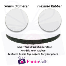 Load image into Gallery viewer, Information on size and material for rubber coasters as produced by Photogifts.co.uk