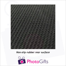 Load image into Gallery viewer, close up of rear of personalised rubber coasters as produced by Photogifts.co.uk