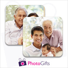 Load image into Gallery viewer, Pack of two individually personalised square rubber coasters as produced by Photogifts.co.uk
