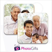 Load image into Gallery viewer, Pack of two individually personalised square rubber coasters as produced by Photogifts.co.uk