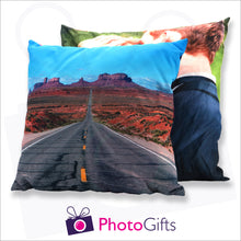 Load image into Gallery viewer, Two personalised large square cushions with your own choice of image on the cushion as produced by Photogifts.co.uk
