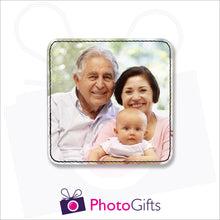 Load image into Gallery viewer, A single personalised square faux leather coaster with your own choice of image as produced by Photogifts.co.uk