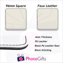 Load image into Gallery viewer, Information on size and material for faux leather coasters as produced by Photogifts.co.uk