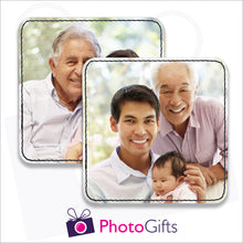 Load image into Gallery viewer, Two individually personalised square faux leather coasters with your own choice of image as produced by Photogifts.co.uk