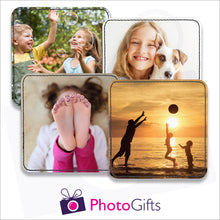 Load image into Gallery viewer, Four individually personalised square faux leather coasters with your own choice of image as produced by Photogifts.co.uk