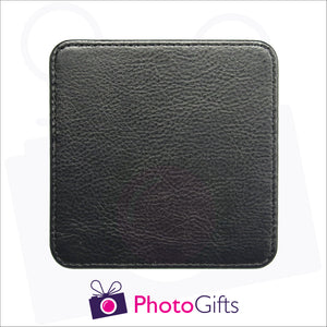 close up photo of the rear of the personalised faux leather square coaster as produced by Photogifts.co.uk