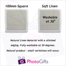 Load image into Gallery viewer, Information on size and material of personalised linen coasters as produced by Photogifts.co.uk
