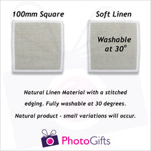 Load image into Gallery viewer, Information on size and material of personalised linen coasters as produced by Photogifts.co.uk