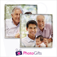 Load image into Gallery viewer, Two individually personalised square linen coasters with your own choice of image as produced by Photogifts.co.uk