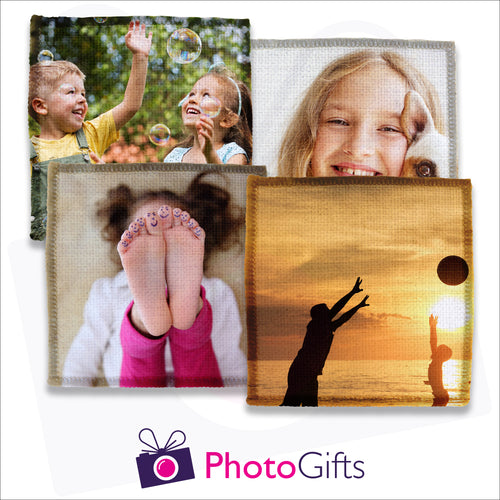 Four individually personalised square linen coasters with your own choice of image as produced by Photogifts.co.uk