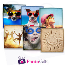 Load image into Gallery viewer, Six individually personalised square faux leather coasters with your own choice of image as produced by Photogifts.co.uk
