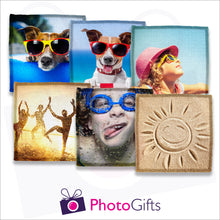 Load image into Gallery viewer, Six individually personalised square faux leather coasters with your own choice of image as produced by Photogifts.co.uk
