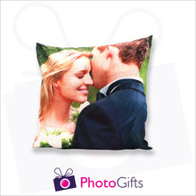 Load image into Gallery viewer, Personalised medium square cushion with your own choice of image on the cushion as produced by Photogifts.co.uk
