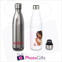 Load image into Gallery viewer, Personalised silver and white thermal bowling pin bottles with your own choice of image as produced by Photogifts.co.uk
