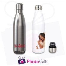 Load image into Gallery viewer, Personalised silver and white thermal bowling pin bottles with your own choice of image as produced by Photogifts.co.uk