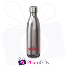 Load image into Gallery viewer, Personalised silver thermal bowling pin bottle with your own choice of image as produced by Photogifts.co.uk