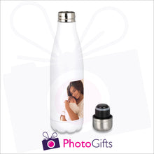 Load image into Gallery viewer, Personalised silver thermal bowling pin bottle with your own choice of image as produced by Photogifts.co.uk
