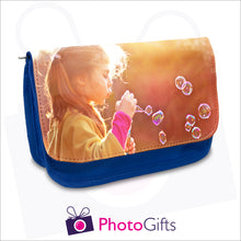 Load image into Gallery viewer, Blue personalised vanity case with your own choice of image on the flap as produced by Photogifts.co.uk