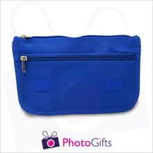 Load image into Gallery viewer, Blue vanity case inside showing the two zipped pockets. Your own choice of image would be on the front flap as produced by Photogifts.co.uk