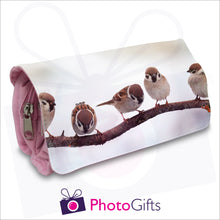 Load image into Gallery viewer, Pink personalised vanity case with your own choice of image on the front flap as produced by Photogifts.co.uk
