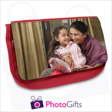 Load image into Gallery viewer, Red personalised vanity case with your own choice of image on the front flap as produced by Photogifts.co.uk