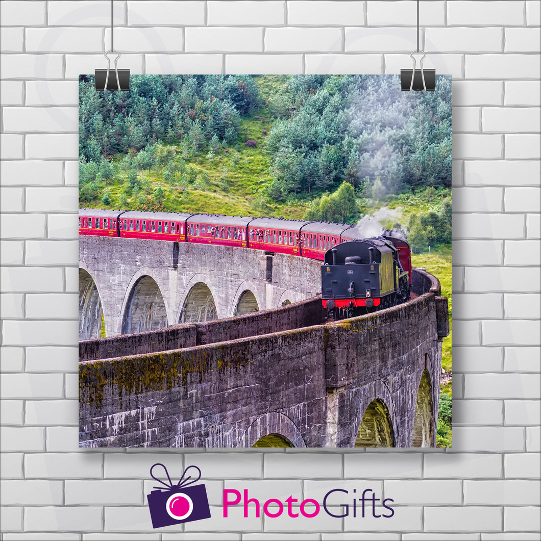 Square print of a train crossing a viaduct as printed by Photogifts.co.uk