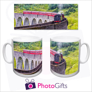 Our cheapest photo mug. THis image shows how your image is wrapped around the mug from handle to handle