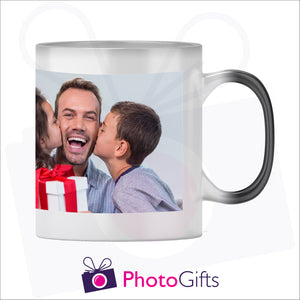 Personalised 10oz black colour change mug showing the fully heated stage with your own choice of image on the mug as produced by Photogifts.co.uk