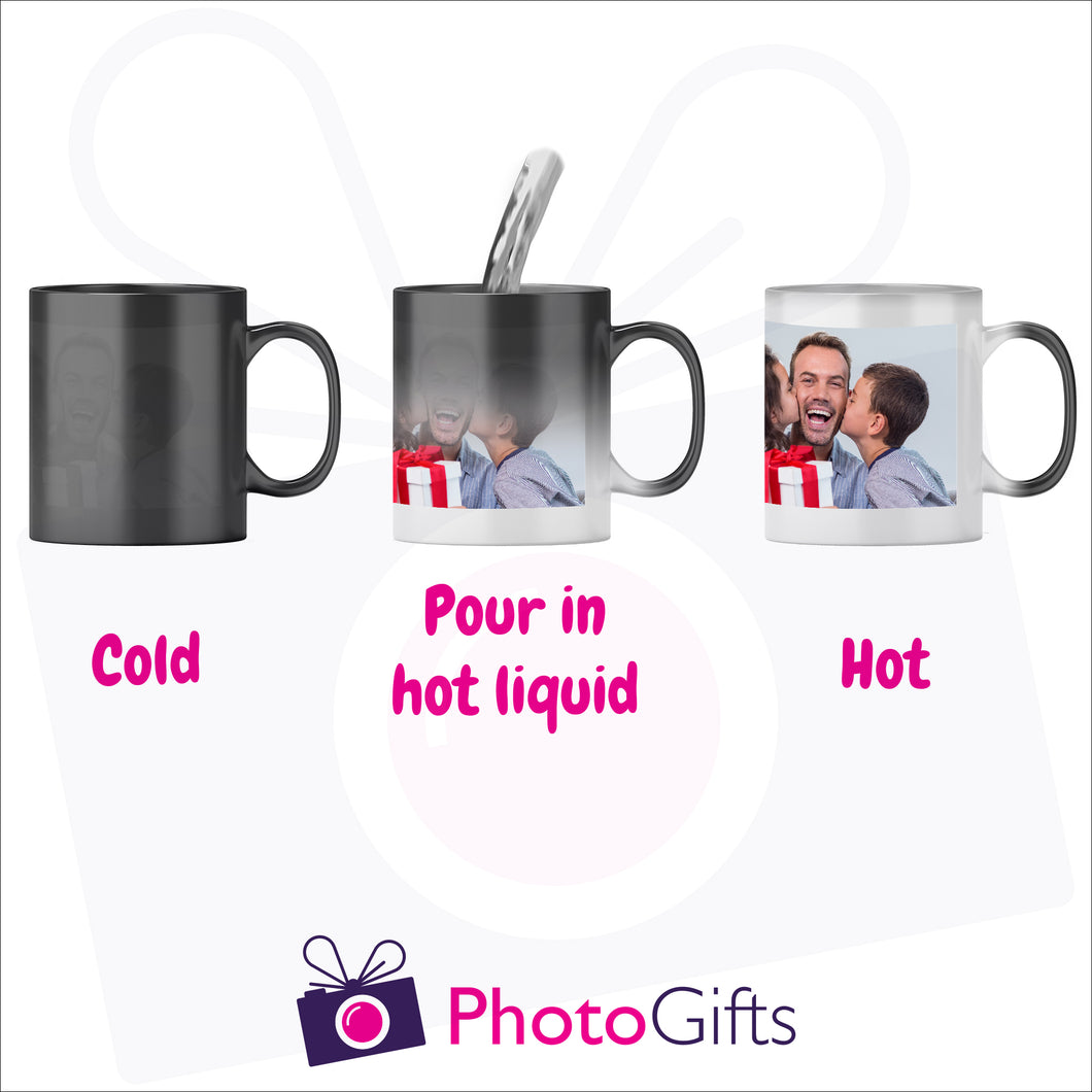 Personalised 10oz Black Colour change mug showing the stages as you add hot liquid. Your own choice of image is printed on the mug as produced by Photogifts.co.uk
