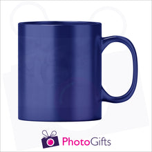 Load image into Gallery viewer, Personalised 10oz blue colour change mug showing the cold stage with your own choice of image printed on the mug as produced by Photogifts.co.uk
