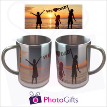 Load image into Gallery viewer, 10oz thermal insulated stainless steel mug with your own choice of image on the mug. The image is wrapped around the mug and the full image can be seen above the mug as produced by Photogifts.co.uk
