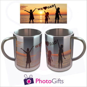 10oz thermal insulated stainless steel mug with your own choice of image on the mug. The image is wrapped around the mug and the full image can be seen above the mug as produced by Photogifts.co.uk